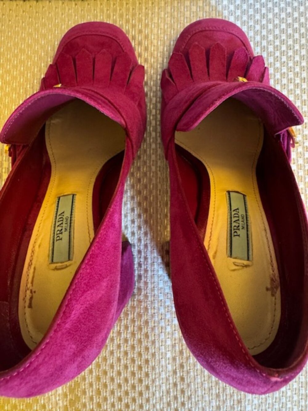 Prada Fuchsia Suede Kiltie Fringe Block Heel Loafer Pumps, size 7 - Picture 4 of 8